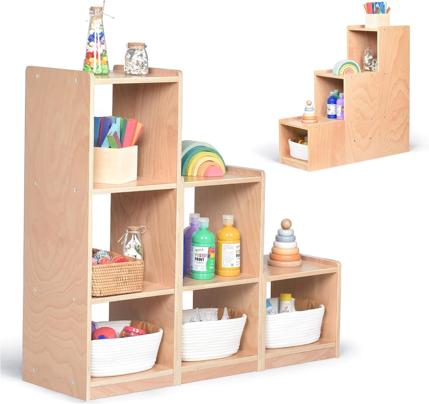 Modular 3-Piece Cube Storage Cabinet, L-Shaped Reversible Ladder Corner Bookshelf with 6+ Cubes, 4-Tier Wooden Freestanding Organizer for Kids Room & Home Office, Natural