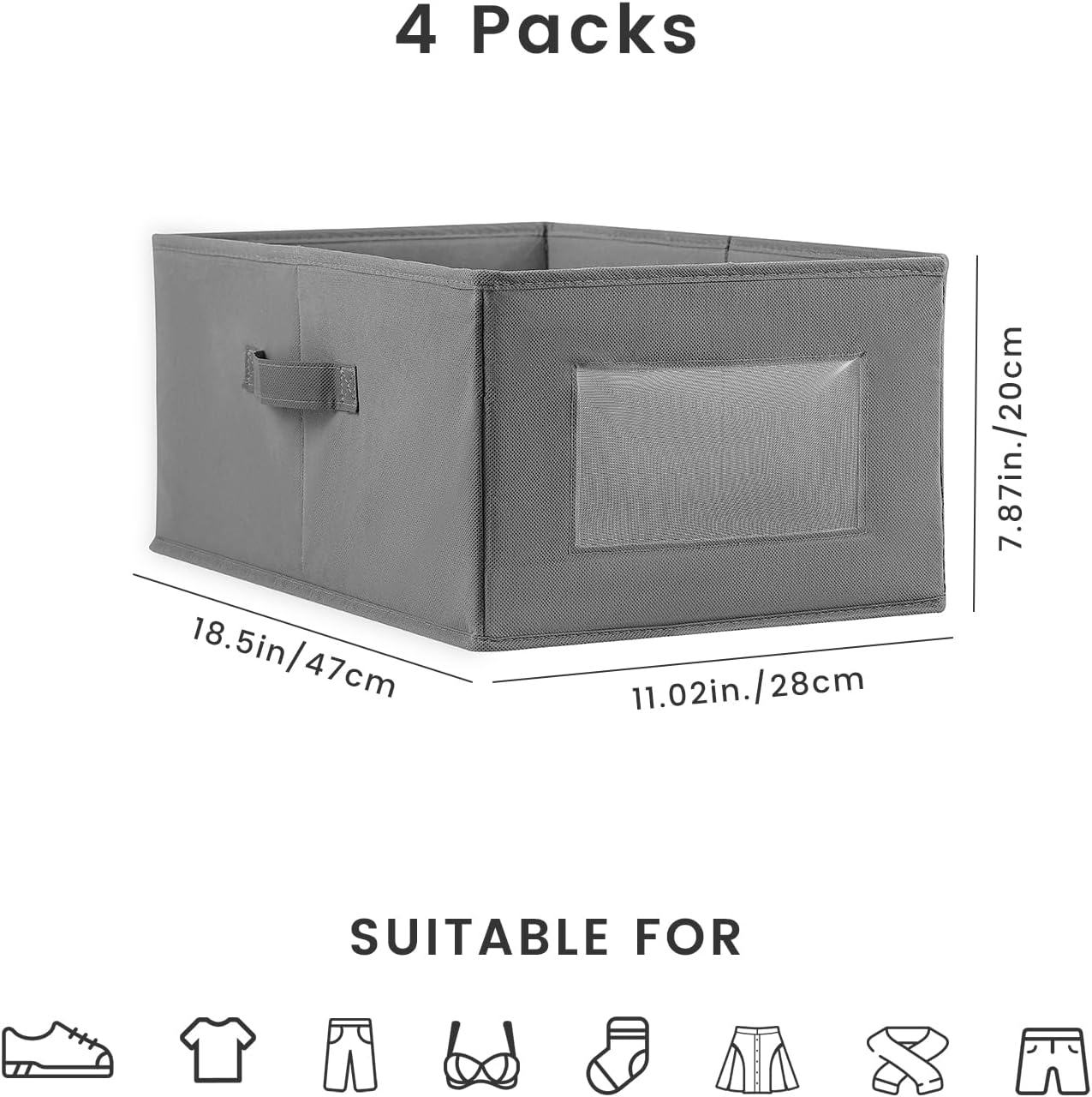 4 Packs Linen Storage Bins with Clear Window, Closet Organizers and Storage Containers with Handle, Large Storage Box Basket for Clothing, Jeans, Toys, Books, Shelves(18.50x11.02x7.87in.)