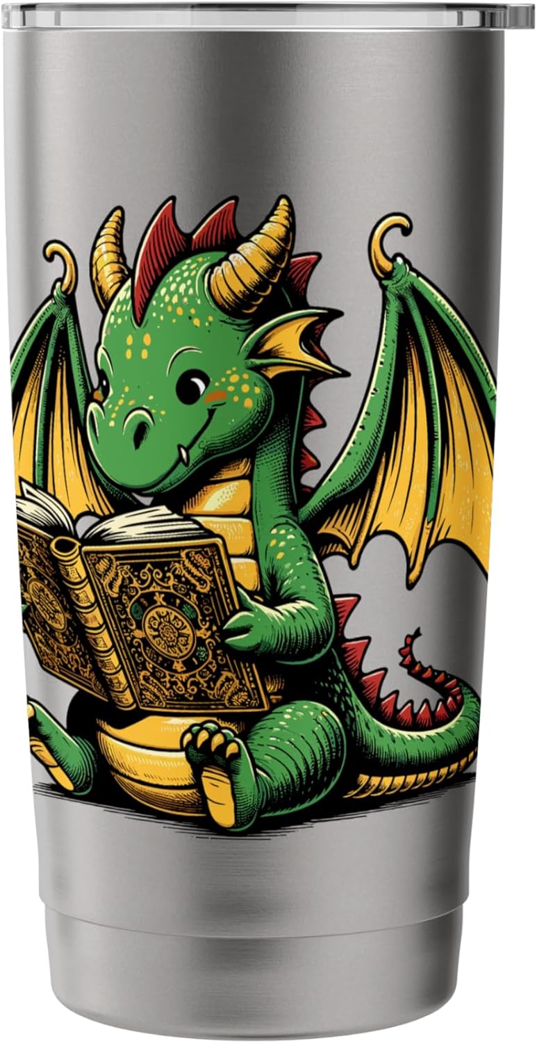 Dragon Reading Book Bookworm Books Dragon Lover Learning Stainless Steel Insulated Tumbler
