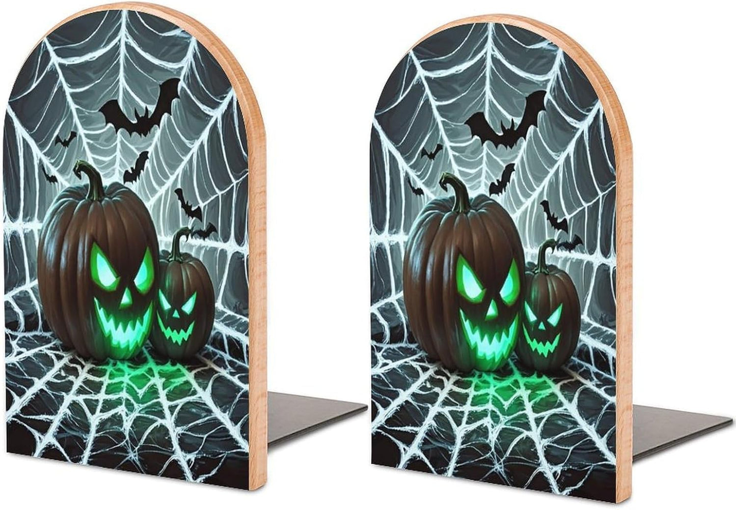 Green Pumpkin Bookends 1 Pair Heavy Duty Book Ends for Shelves Non-Skid Bookend Supports Wooden Book Holders with Metal Base Desk Organizers Books Storage to Hold Books