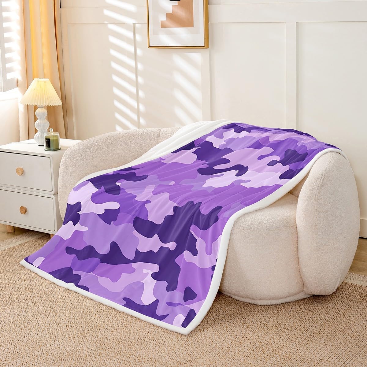Camouflage Fleece Throw Blanket Super Soft Cozy Purple Camo Sherpa Blanket for Kids Women Adults Camo Plush Blanket Military Theme Fuzzy Blanket for Sofa Bed(30x40 Inches)
