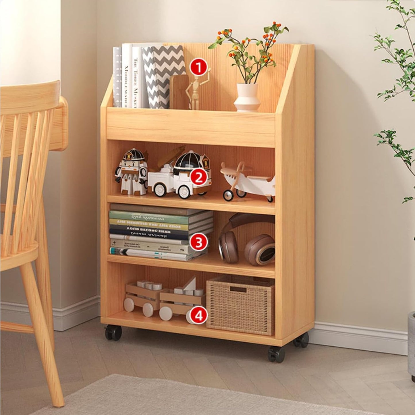 Book Shelf, Wooden Creative Bookcase Tall Bookshelf Shelf Open Display Shelves Book Storage Organizer for Living Room Floor Standing Office Bookshelf Movable 360° Rotation Children Bookcase