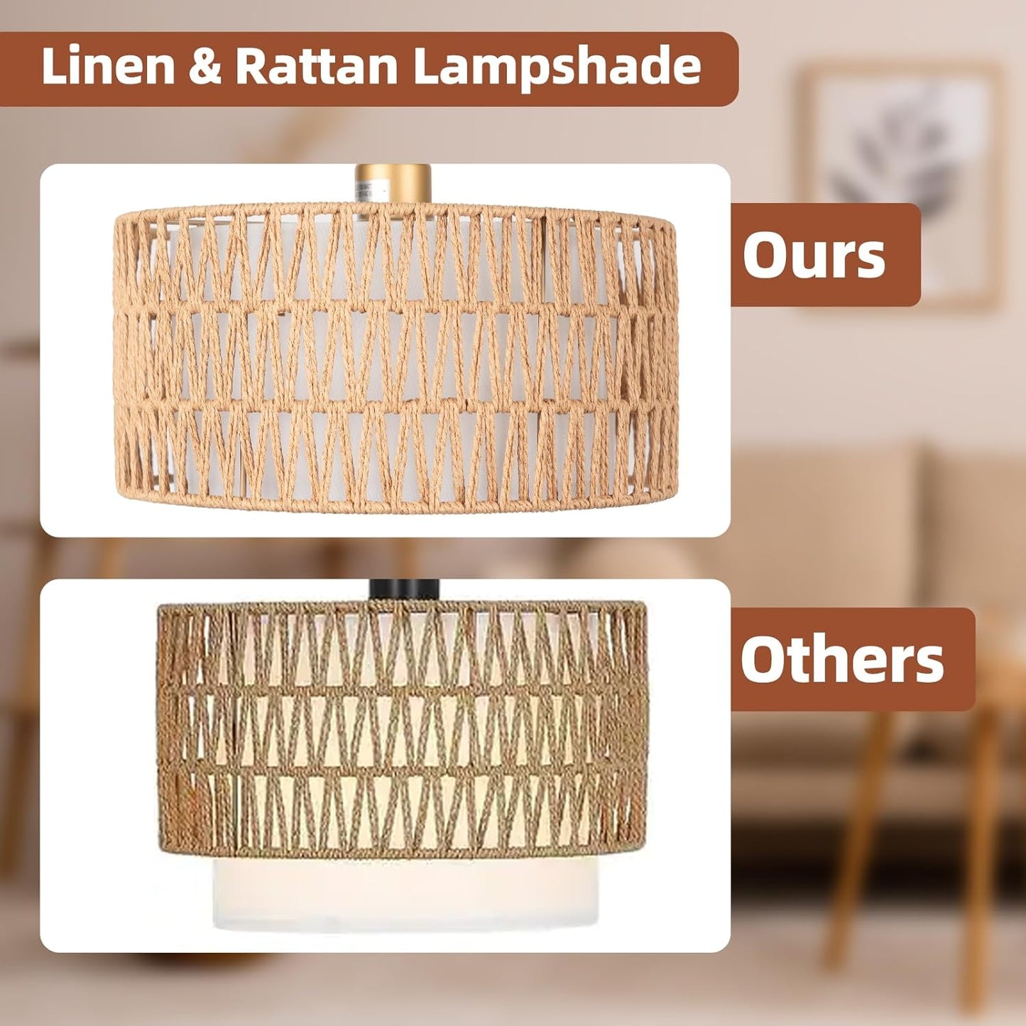 Gold Floor Lamps- Boho Floor Lamp for Room, Rattan Standing Lamps with Dimmable Bulb, Adjustable 2-in-1 Lampshades Arc Floor Lamp Over Couch Lamps for Living Room, Bedroom, Office