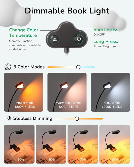 EDISHINE Book Light for Reading at Night in Bed, Portable Clip-on Lamp, 3 Color Modes & Stepless Dimmable, Eye Care LED USB Rechargeable Light for Readers, Kids, Bookworms, Travel (Black)