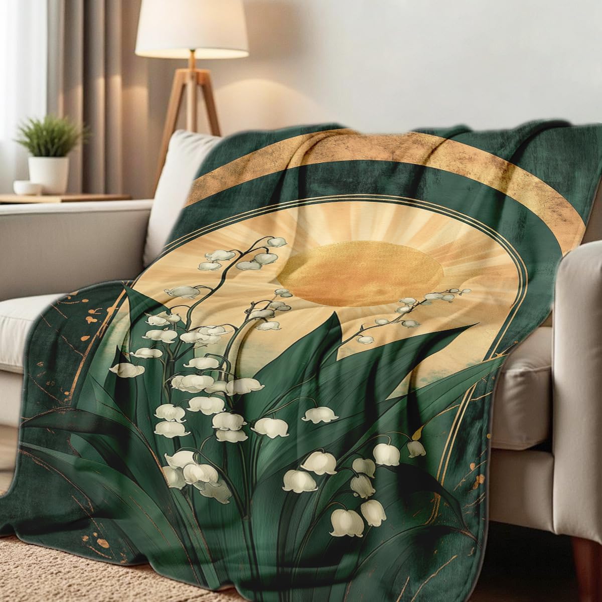 White Floral Blanket Lily of The Valley Print Throw Wildflower Blanket Queen Size Flowers Flannel Bedding Couch Sofa Bed Living Room Decor 49"x59"