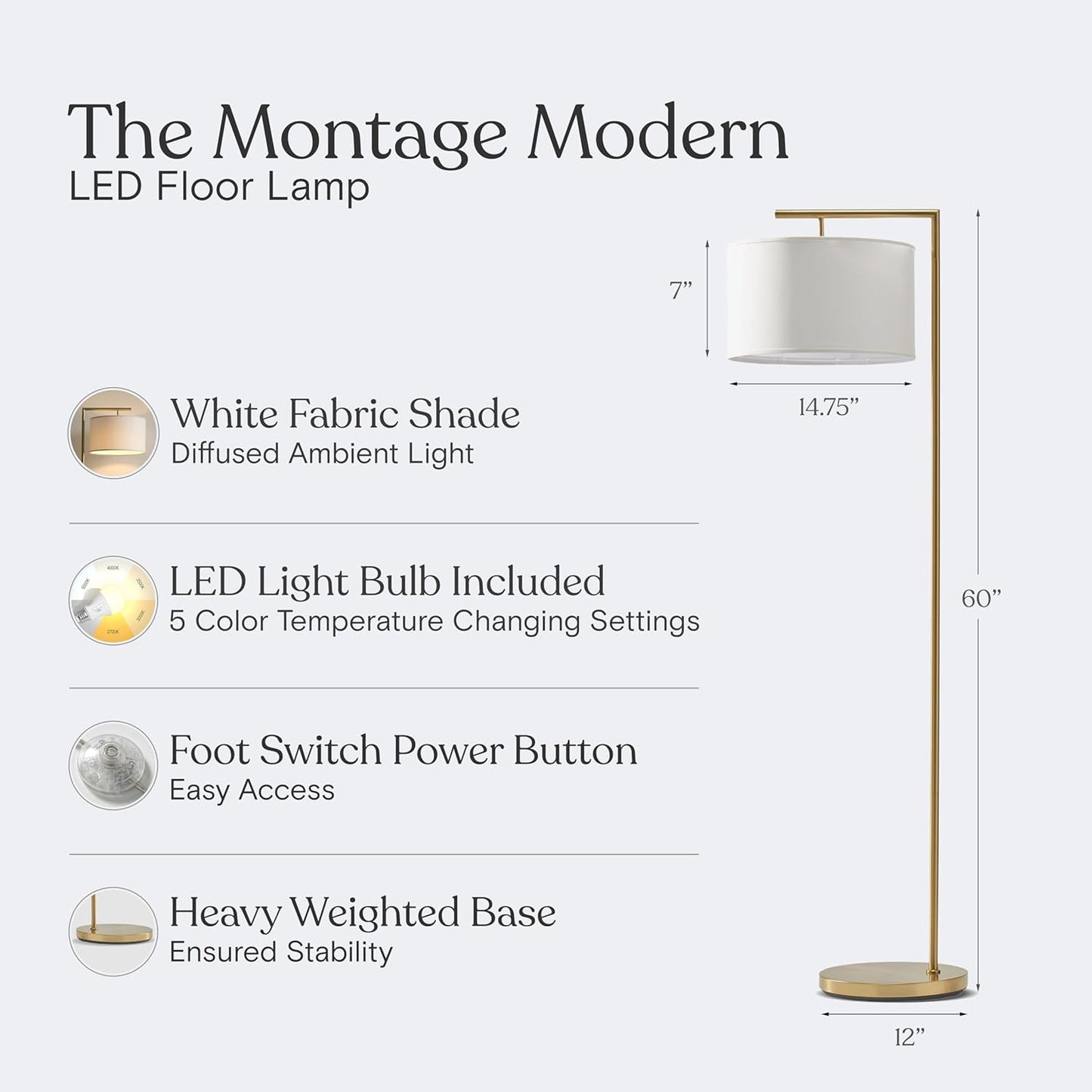 Brightech Montage Modern Floor Lamp - LED Standing Lamp with Adjustable Color Changing Bulbs for Living Rooms & Offices - Tall Corner Bedroom Reading Light for Contemporary Home Decor - Antique Brass
