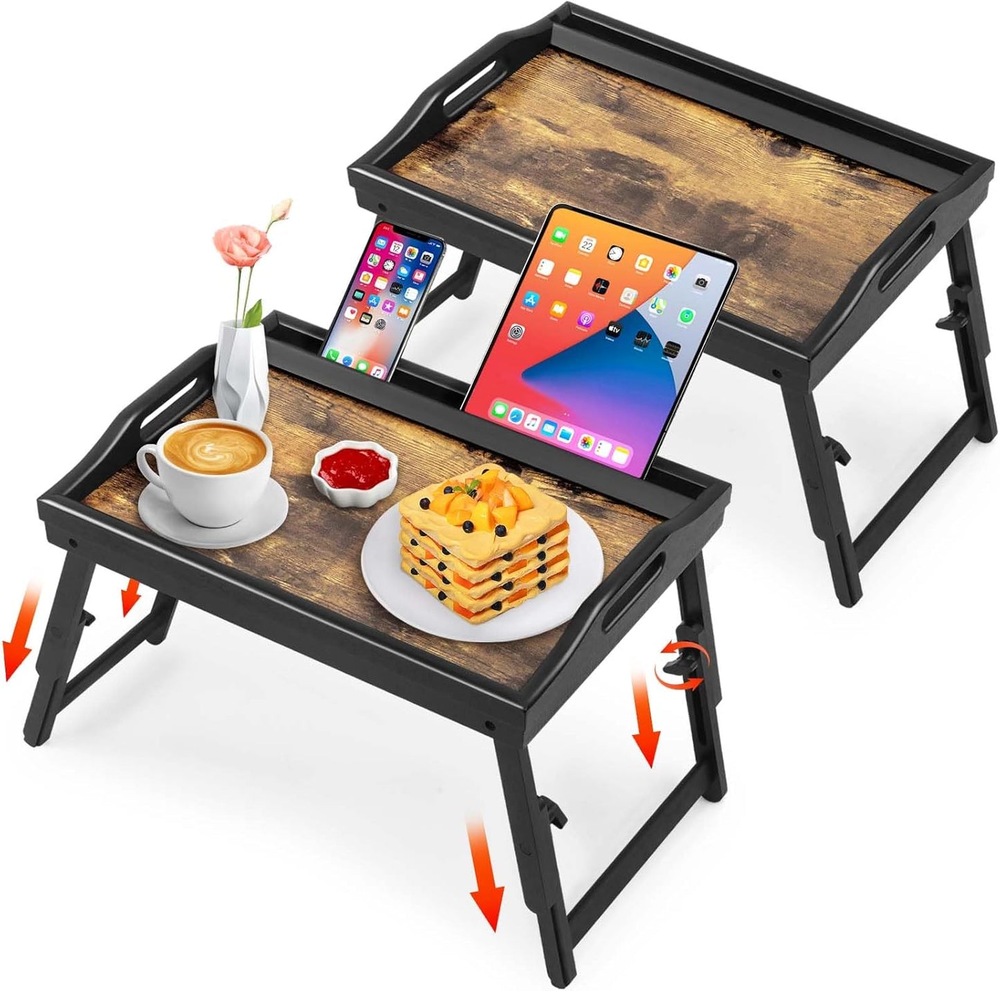 2 Pack Bed Tray Table with Adjustable Legs Breakfast Trays Serving Tray Bamboo Bed Laptap Floding Legs with Handles and Phone Holders