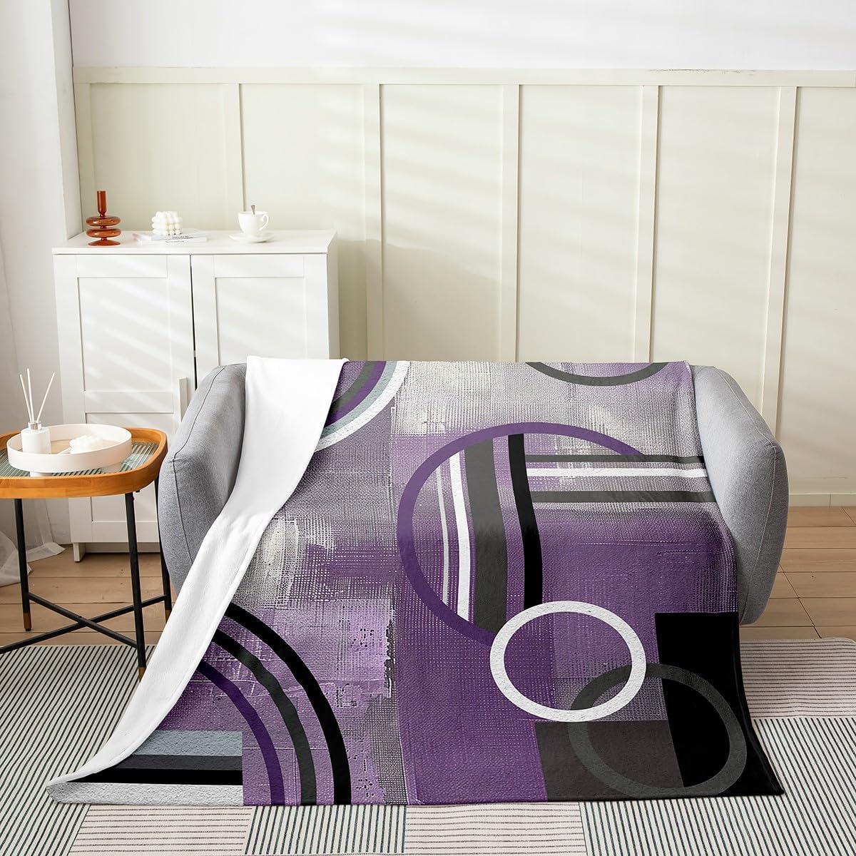 Erosebridal Purple Black Gray Throw Blanket for Sofa Queen 90x90,Grunge Oil Painting Fleece Blanket,Circles Fuzzy Blanket,Elegant Geometric Sherpa Blanket,Abstract Purple Art Bed Blanket