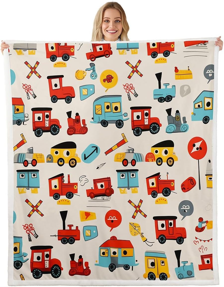 Feelyou Cute Train Car Sherpa Throw Blanket for Couch Cartoon Car Super Soft Cozy Fleece Blanket for Winter, Plush Throw Throw 50"x60" All Season