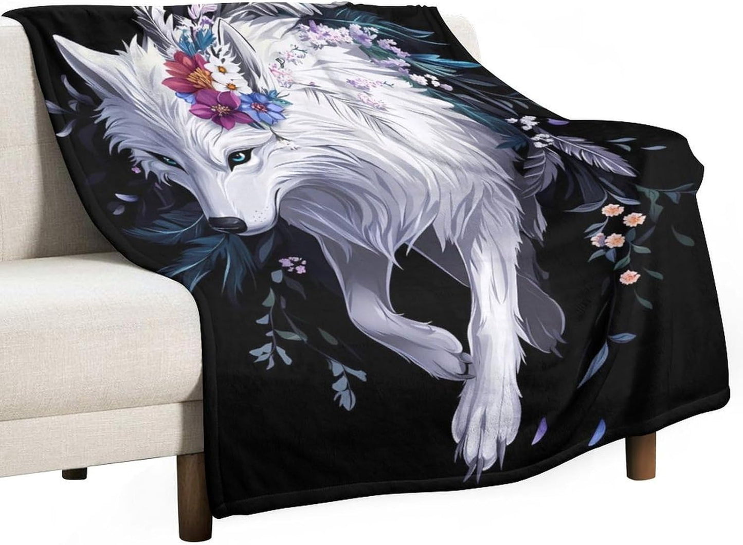 Flower Wolf Throw Blanket for Couch Bed Plush Cozy Fuzzy Flannel Blanket for All Season 55"x70"
