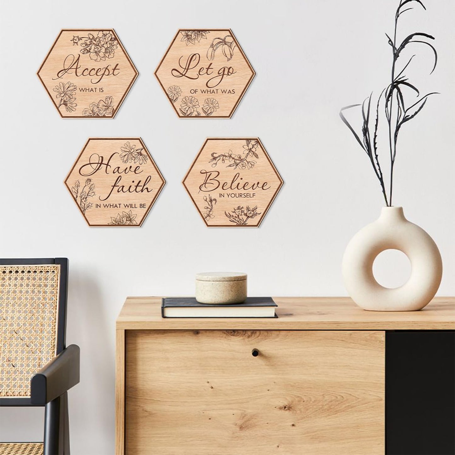 CHDITB Bathroom Wall Art Set of 4: 'Let Go', 'Have Faith', 'Accept', 'Inspirational' Wooden Signs, Rustic Floral Farmhouse Hanging Signs for Home, Spa Decoration - 8.7"x8.9"