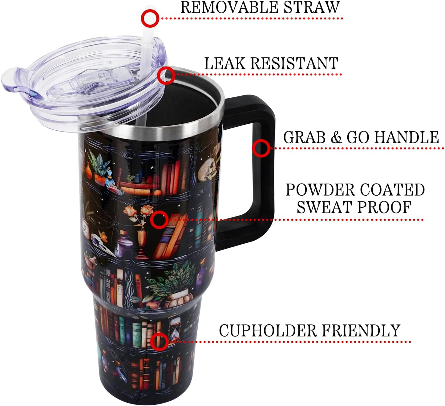 Book Lovers Gifts 40oz Tumbler with Handle and Straw Lid,Vacuum Insulated Leak Proof Tumbler bookish gifts for Women Readers Librarian,Book Accessories Stainless Steel Travel Mug,Skull Bookshelf