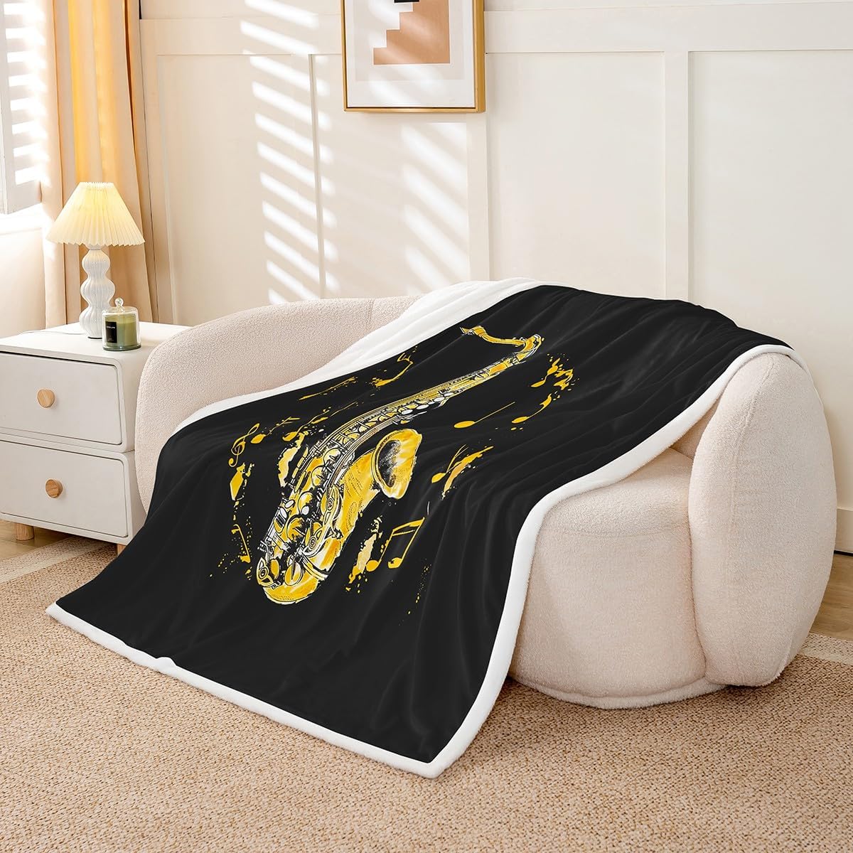 Erosebridal Saxophone Throw Blanket 40x50,Musical Notes Fleece Blanket for Teens Child Boys Girls,Country Acoustic Jazz Music Themed Blanket,Golden Instrument Sherpa Blanket Soft Warm