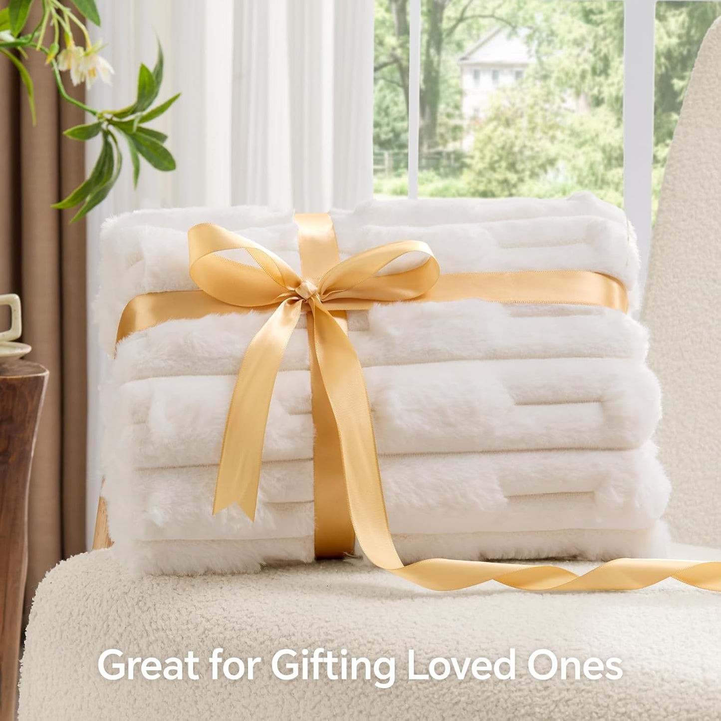 BEDELITE Faux Fur Cream Throw Blanket for Couch - Super Soft & Cozy Plush Striped Blanket for Sofa and Room Decor, Luxury Fluffy All-Season Blankets Gift for Women, Men, Mom, Dad, 50x60 inch, Cream