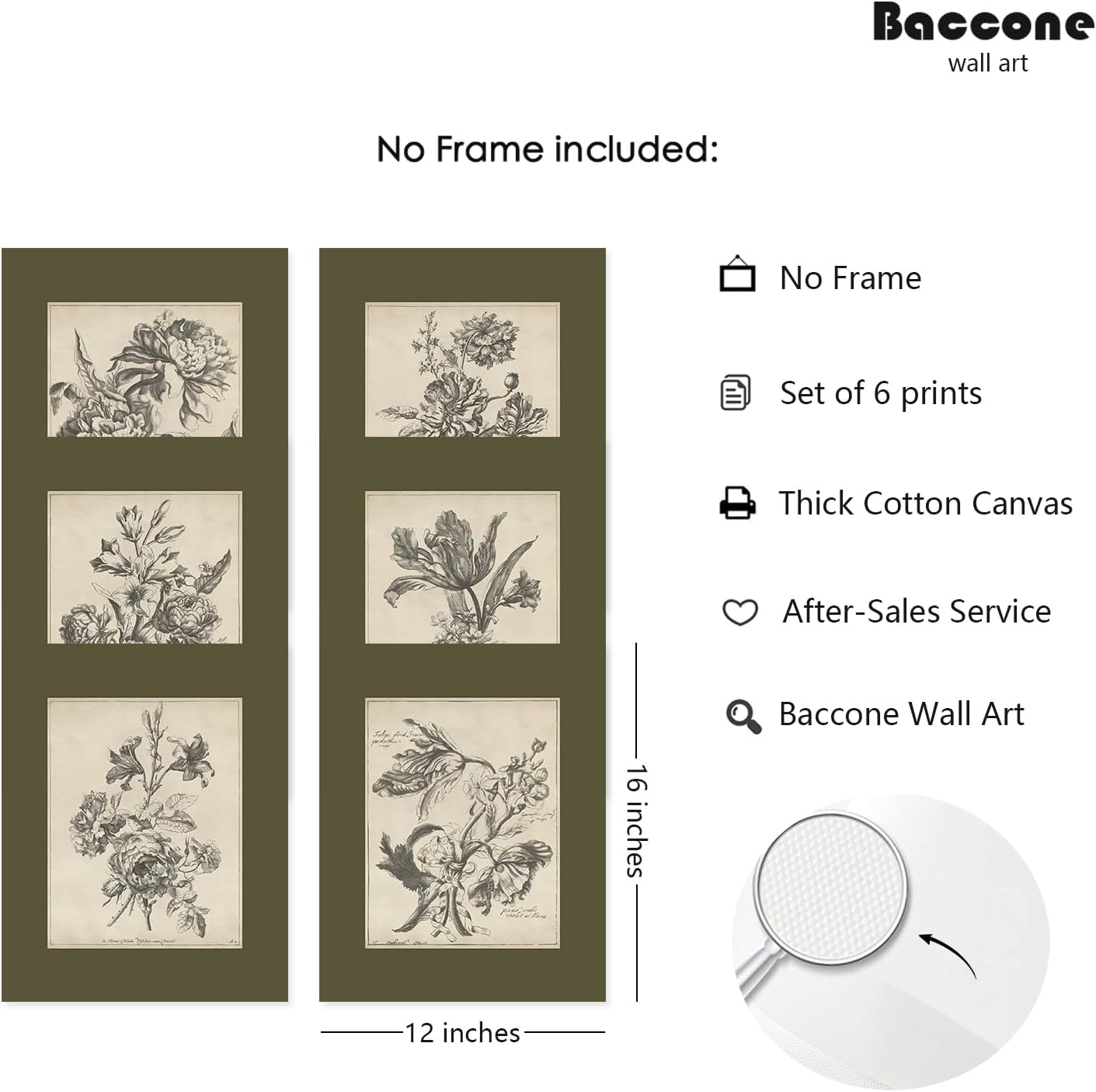 Vintage Floral Wall Art Sketch Flower Prints Antique Botanical Canvas Wall Art Decor Vintage Etchings Floral Poster Green Botanical Painting Sage Green Artwork for Bedroom 12x16x6 Inch Unframed