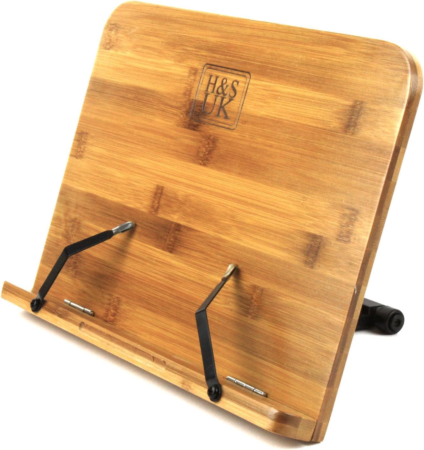 H&S Bamboo Recipe Book Holder - Foldable & Portable Cookbook Stand for Desk - Adjustable Holder for Reading in Bed or Kitchen - Cook Book Stand for Kitchen Counter