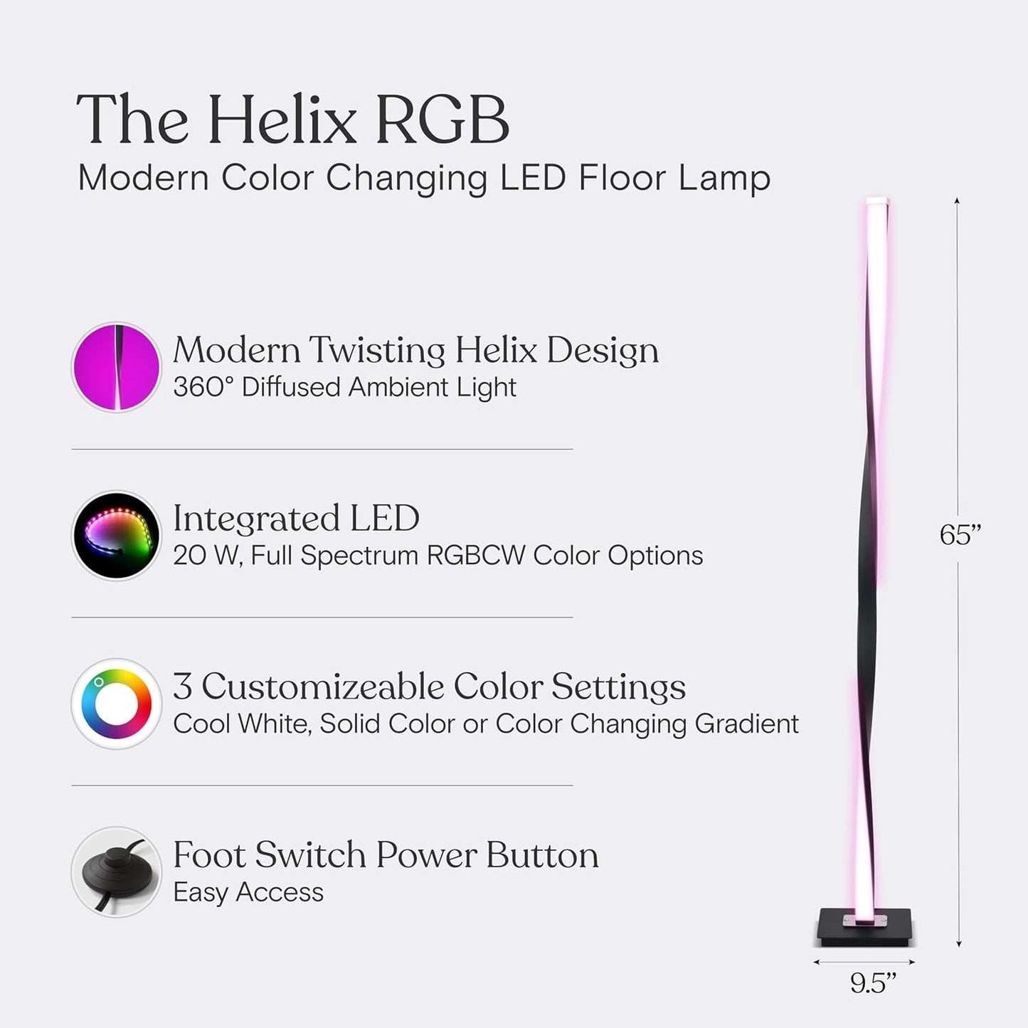 Brightech Helix Modern Color Changing LED Floor Lamp - 48” Tall Lamp with RGB Color Gradient and Contemporary Twisting Column Pole - Corner or End Table Standing Lamp - Built-in NO APP - Black
