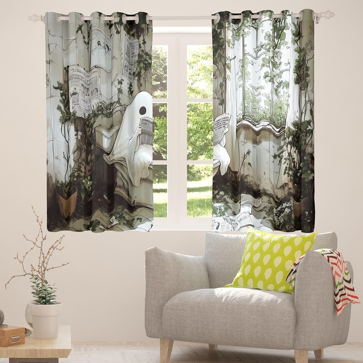 jejeloiu Cute Ghost Window Drapes (2 Panels, 52 x 84 Inch) Happy Halloween Blackout Shades Window Treatments for Kids White Ghost Festival Themed Reading Funny Curtains Room Darkening Curtain