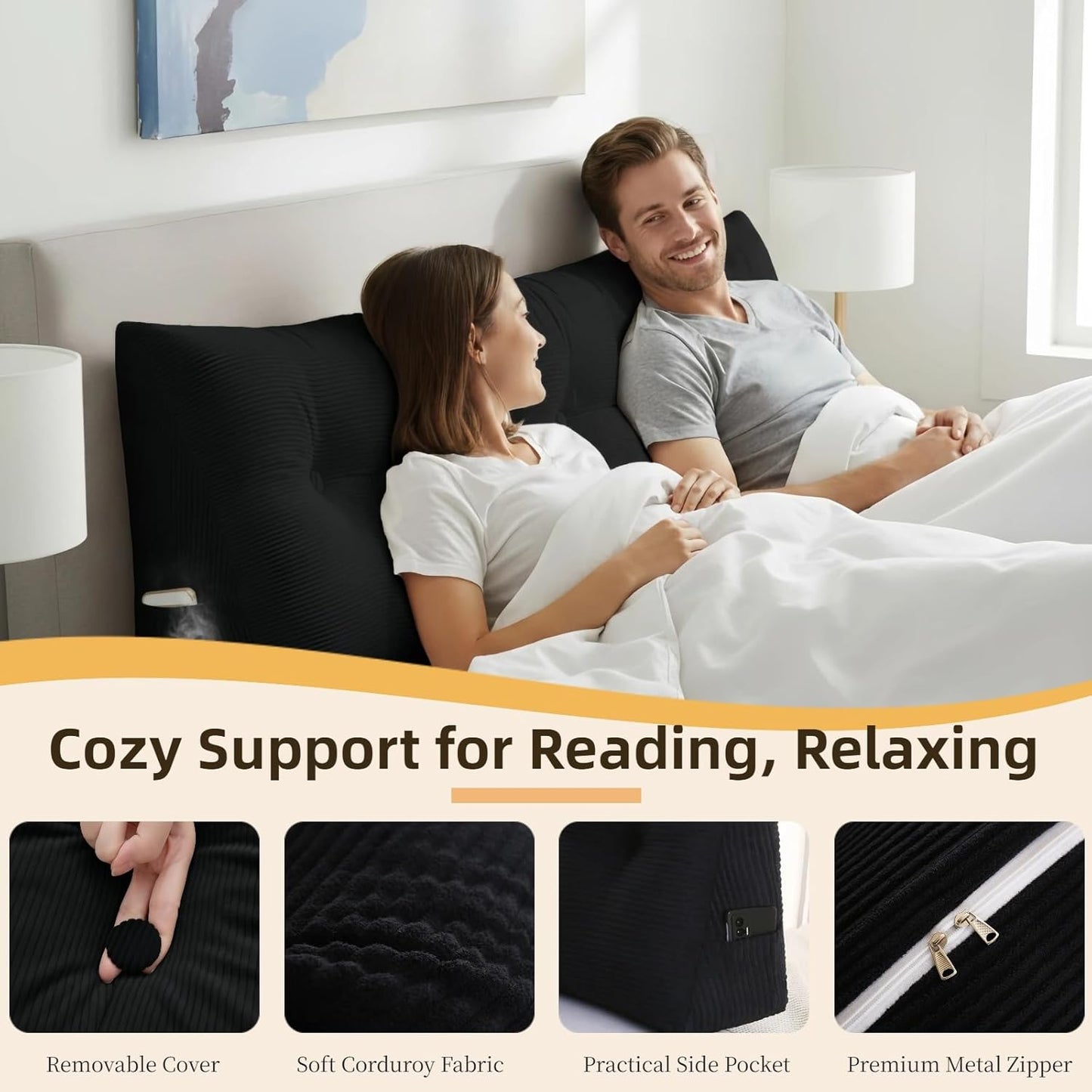 Wedge Reading Pillow Headboard Full Size, Headboard Bolster Pillow for Bed, Triangular Backrest Cushion with Removable Corduroy Cover, Black