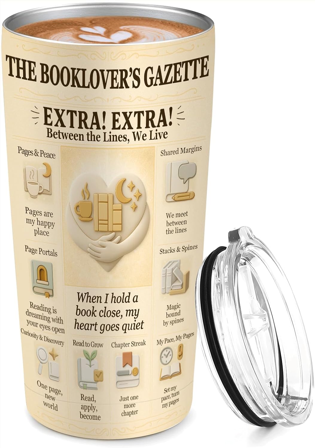 Book Lover Reading Tumbler 20 oz - Vintage Newspaper Reading Cup, Stainless Steel Double-Wall Vacuum Insulated, Lid & Straw, Car-Cup-Holder Fit, Cozy Gift for Readers, Book Club, Librarian, Teacher