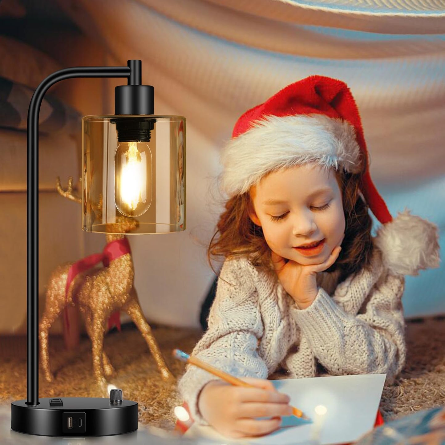 Lynnoland Set of 2 Industrial Table Lamps with 2 USB Port, Black Nightstand Desk Lamps with Amber Glass Shade for Reading Living Room Office 2 LED Bulb
