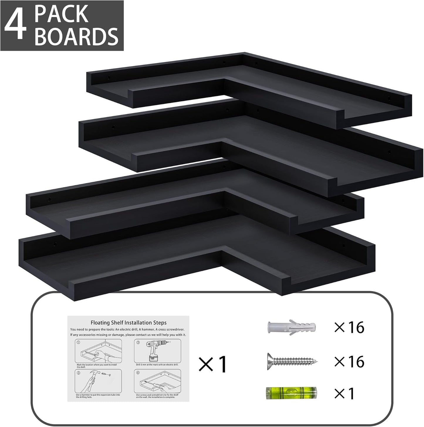 4-Tier L-Shaped Pine Wood Wall Shelf - Floating Corner Shelves with Lip, Black, Modern, Living Room, Bedroom, Bathroom Storage