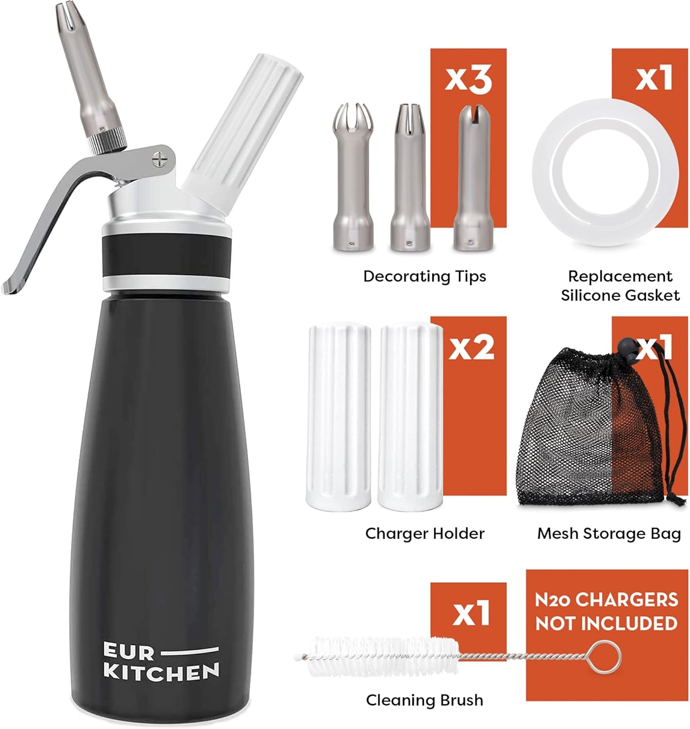 EurKitchen Professional Aluminum Whipped Cream Dispenser - Leak-Free Whip Cream Maker Canister with 3 Decorating Nozzles & Cleaning Brush - 1-Pint / 500 mL - N2O Chargers (Not Included)