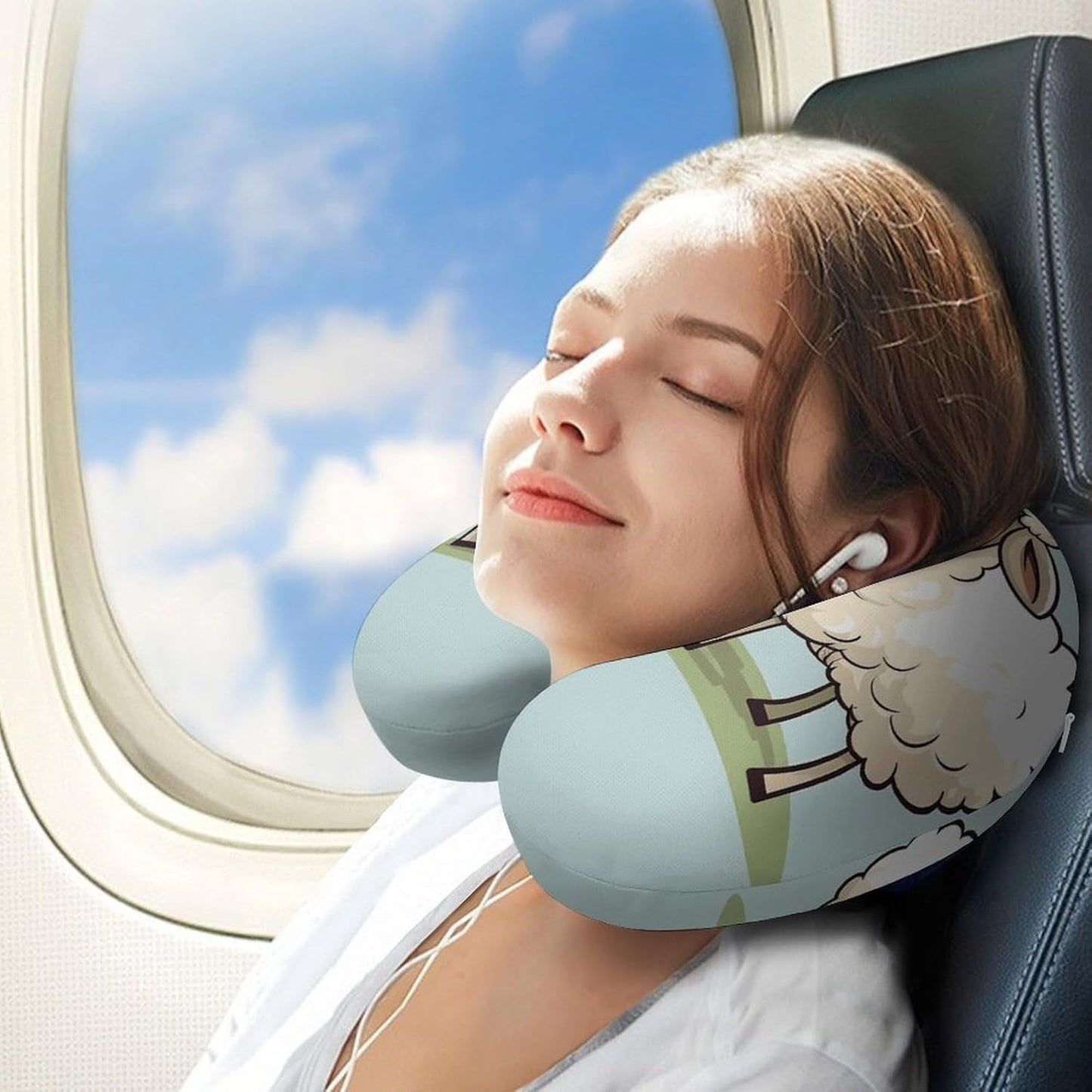 Sheep and Lamb Cartoon Neck Pillow Memory Foam U Shaped Pillows Portable Pillows for Shoulder Travel Head Support Pillow with Concealed Zipper for Airplane Car Home Office
