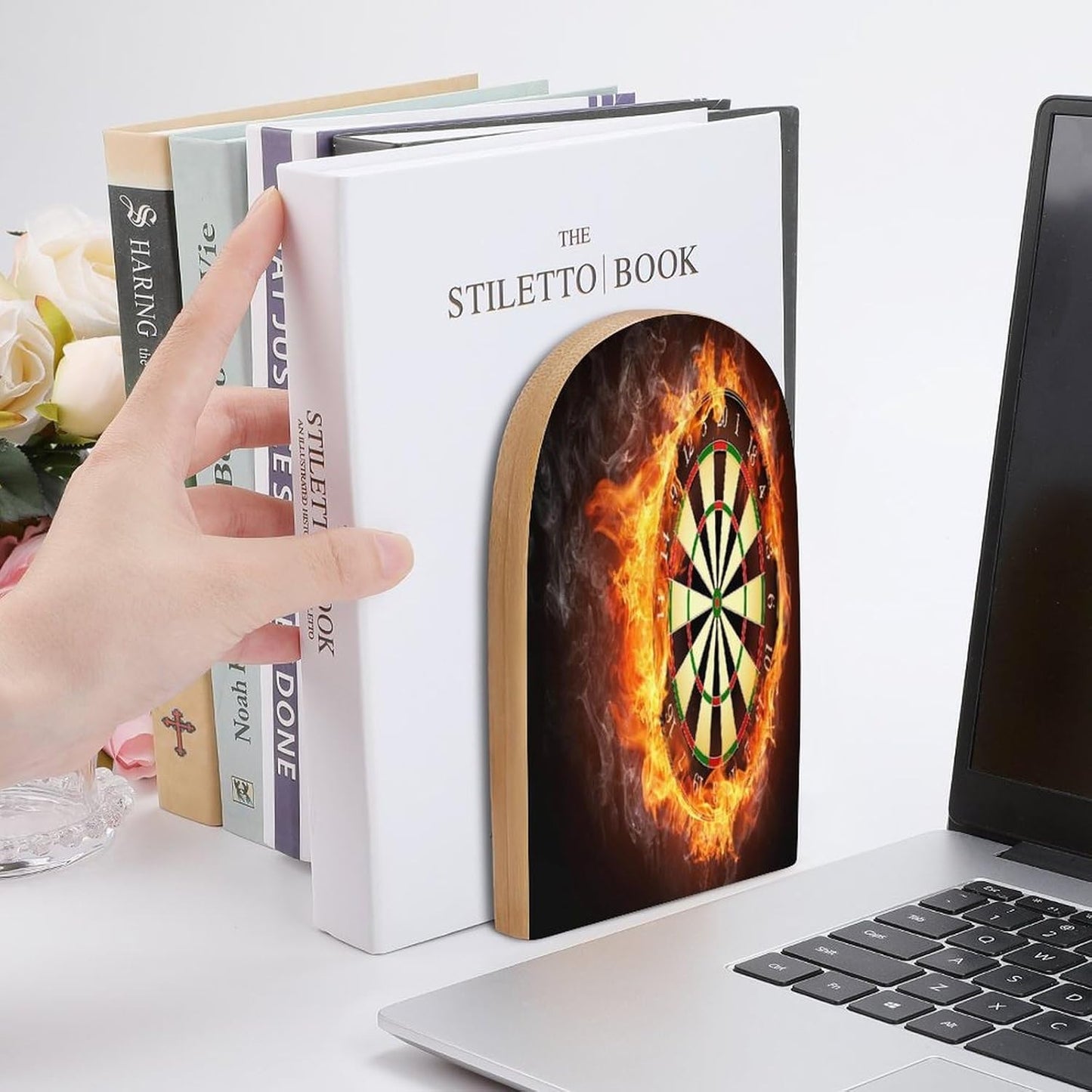 Dart Board Wooden Bookend Non-Slip Book Ends Heavy Duty Book Stopper with Metal Base Books Holderd Decorative Bookends Stands Firmly for Office Supplies