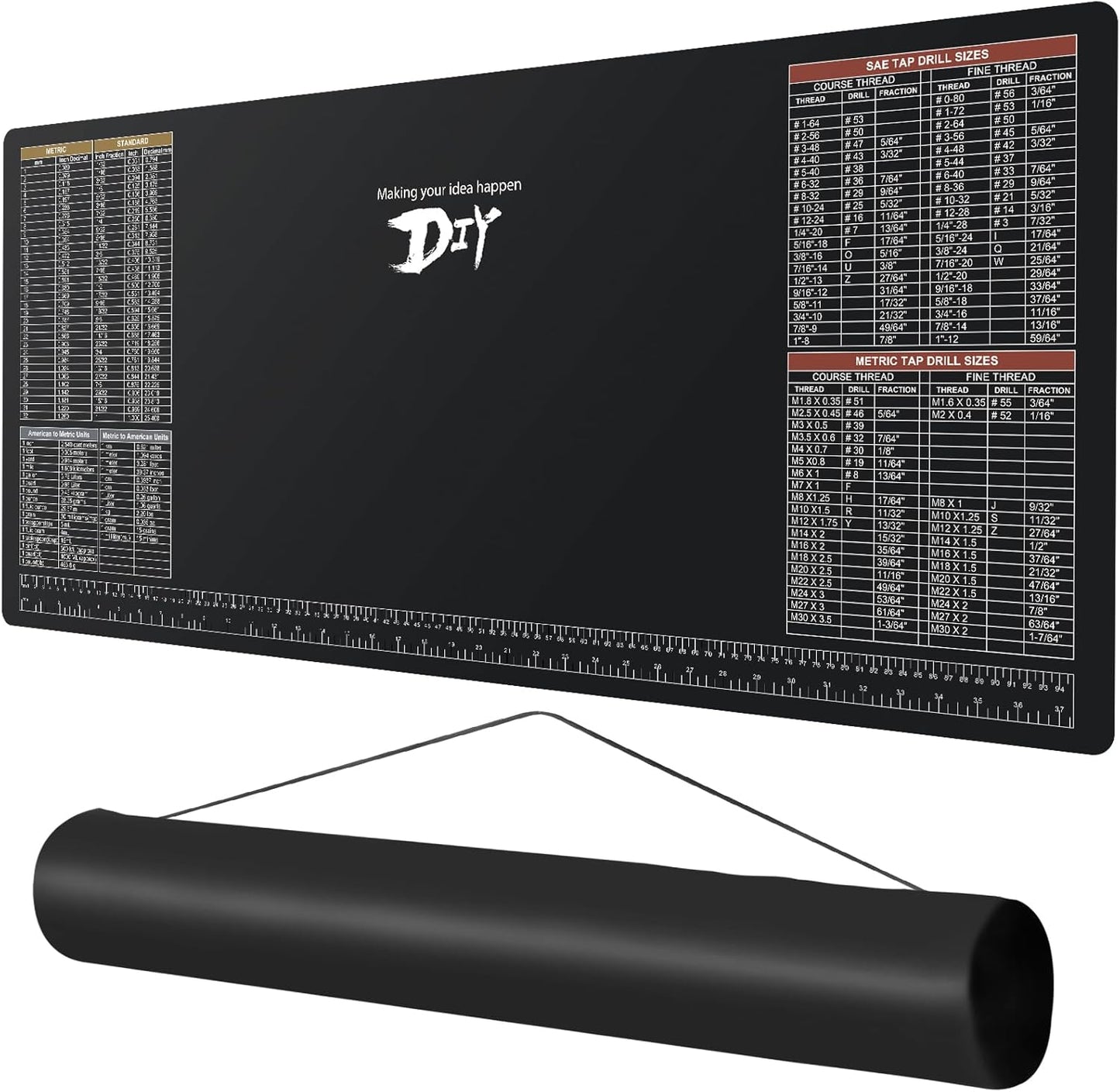 39.5”X18” DIY Worktable Mat Large Work Bench Mat Workshop Mat Workbench Cover with SAE/Metric Ruler Standard Metric Conversion Charts Tap Drill Sizes Fit for DIYers Carpenter Repairman