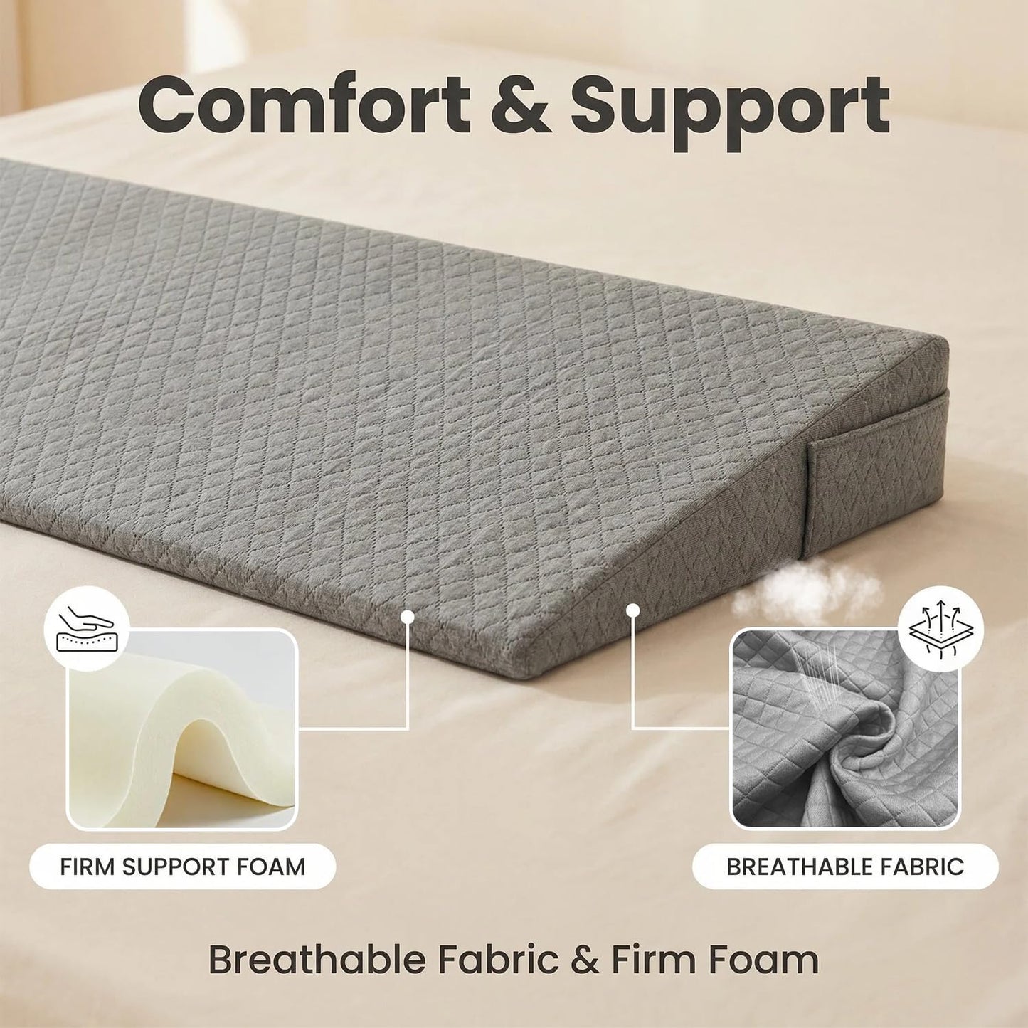 Queen Size Wedge Pillow for Sleeping - 6 Inch Bed Wedge Pillow for Acid Reflux, GERD, Sleep Apnea & Snoring Relief - High Density Foam Mattress Elevator for Back Pain, Post Surgery Recovery - Grey