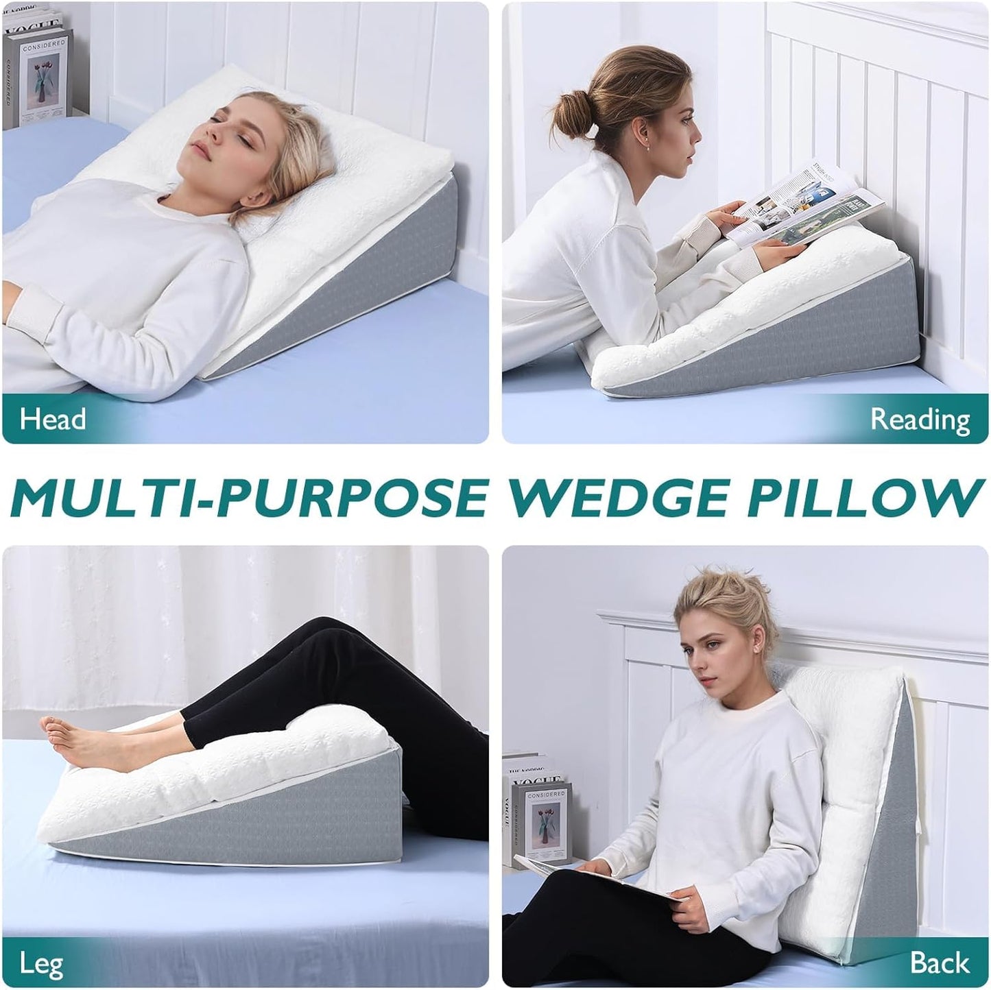 TANYOO Bed Wedge Pillow for Sleep Apnea 10 Inch Gerd Pillow Patent Dual Layer Triangle Pillow Adjustable Shredded Memory Foam Topper Soft Support Ideal for Acid Reflux, After Surgery, Snoring