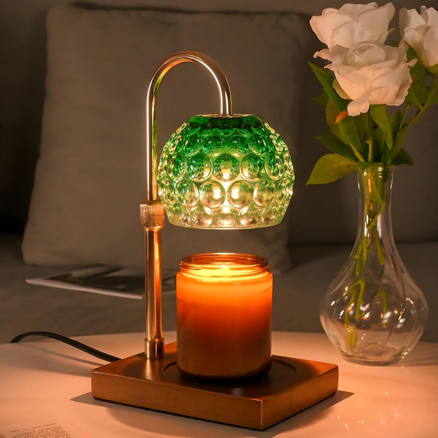 Candle Warmer Lamp Timer - Christmas Gifts for Women Mom, House Warming Gifts New Home Decor Modern Farmhouse Decor, Glass Candle Warmer Wax Melt with 2 Bulbs Green