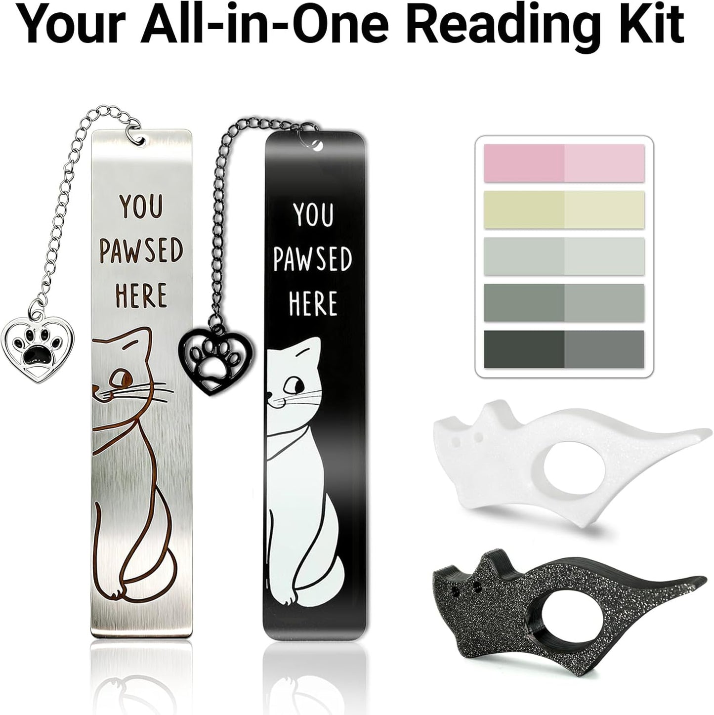 Cat Bookmark Set, Metal Cute Book Page Holder with Thumb Design & Index Tabs, Hands-Free Reading Accessories, Perfect Gift for Book Lovers