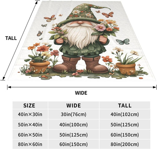 Gnome Flowers Blanket Floral Flannel Throw Blanket Lightweight Soft Warm Cozy Travel Blanket for Bed Couch Sofa Living Room Bedroom Gift for Women Men Girls Boys All Season 60"x50"