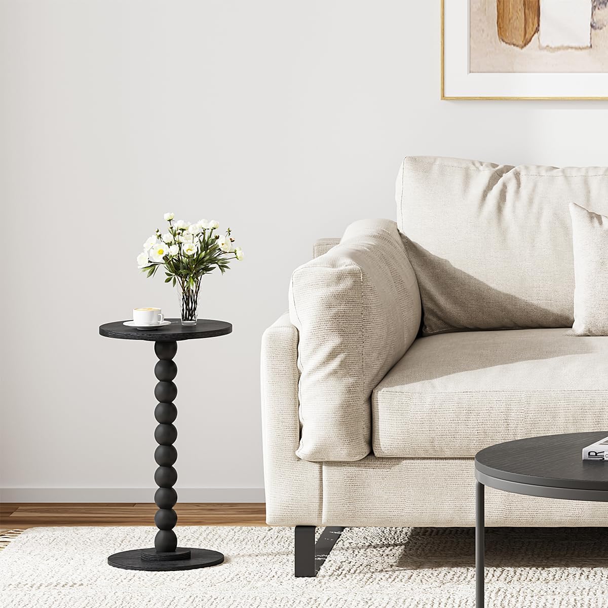 Round Side Table, Small Drink Table for Small Spaces, Pedestal End Table for Living Room, Modern Accent Nightstand with Solid Wood Leg for Bedroom, Corners and Office Black Color UTBT005B