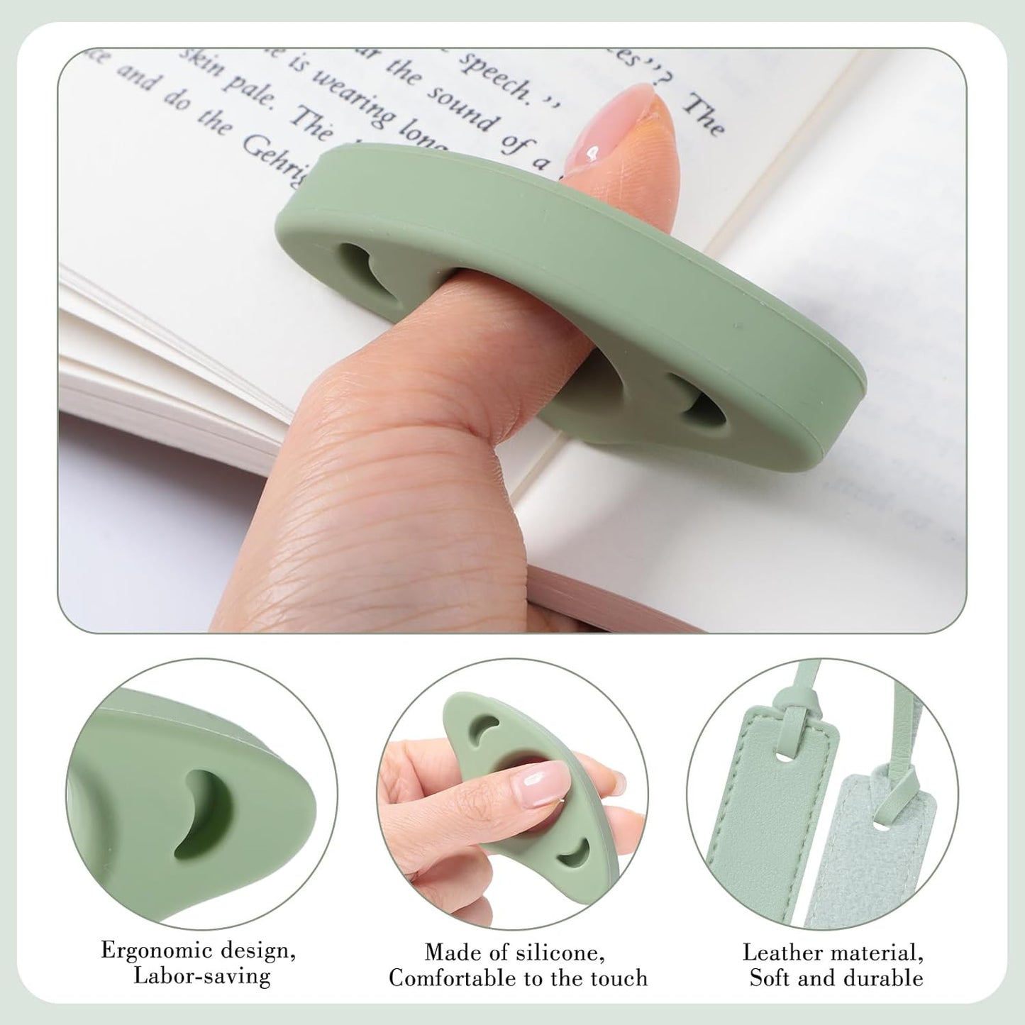 4Pcs Book Page Holder Set, 2Pcs Breathable Silicone Thumb Book Page Holder and 2Pcs Leather Bookmark, Easter Basket Stuffers, Mothers Day Gifts, Reading Accessories for Book Lovers, Readers
