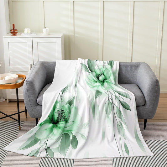 Green and Grey Boho Flannel Blanket Watercolor Floral Throw Blanket Ink Painting Style Flower and Leaf Cozy Throws for Bed Couch Sofa,Kids Boys Girls Room Decor,Soft and Breathable(40 x 50 Inches)
