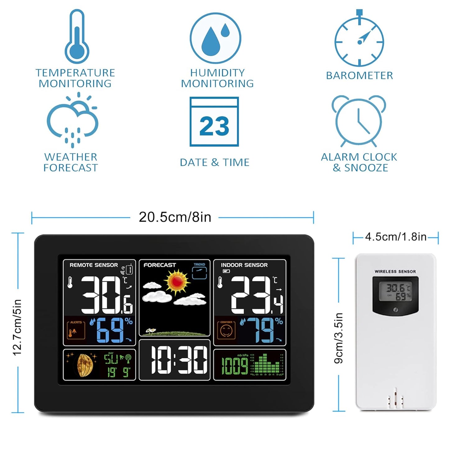 Kalawen Home Weather Stations Wireless Indoor Outdoor Thermometer, Portable Digital Weather Clock Atomic, Bluetooth Color Forecast Station Estacion Meteorologica Weather Monitor with Alarm