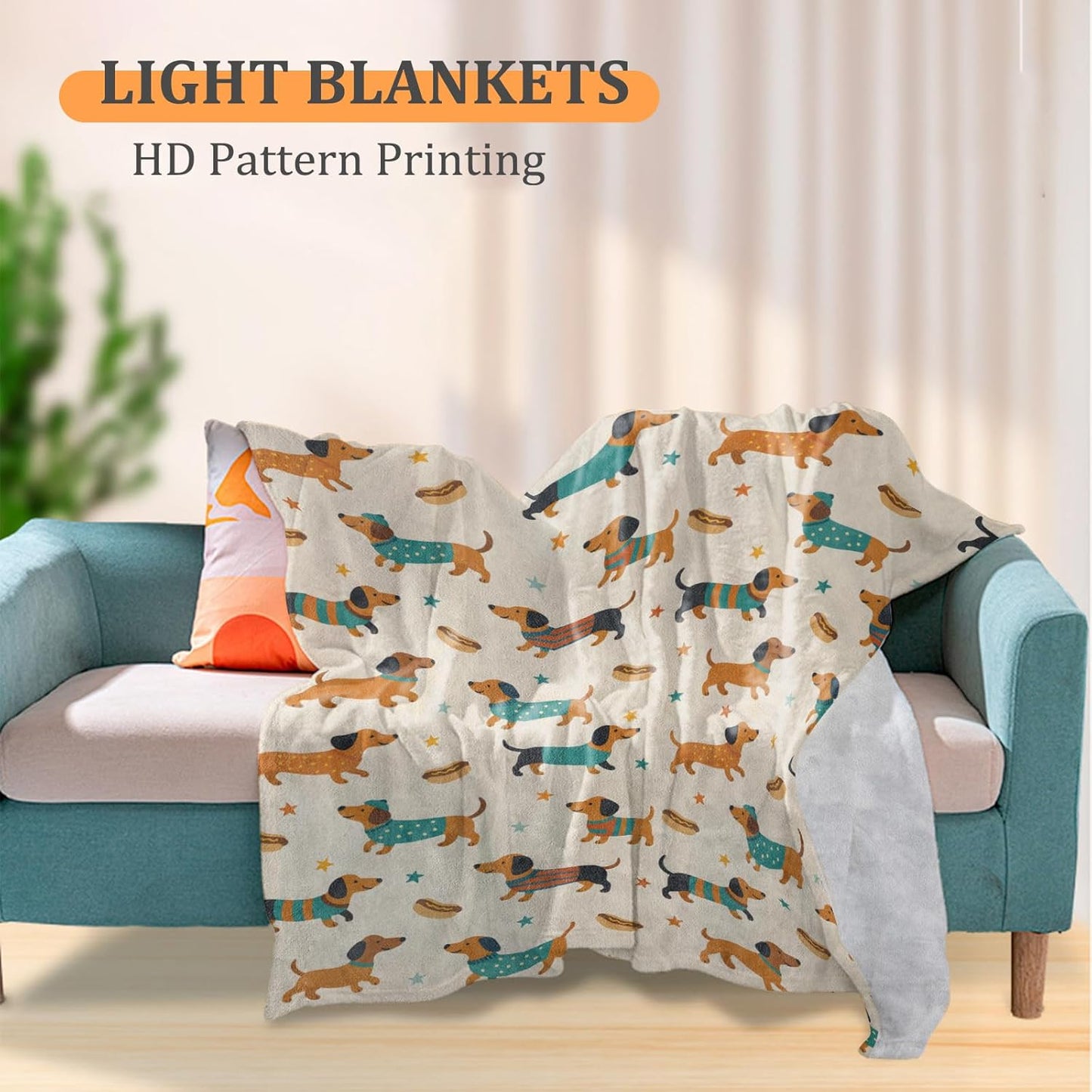 Playful Dachshund Blanket, Wiener Dogs in Colorful Outfits and Hotdogs 60 x 50 Inch Flannel Throw Blanket, Gifts for Women Kids, Lightweight Cozy Warm Blankets for Sofa Travel Home Decor