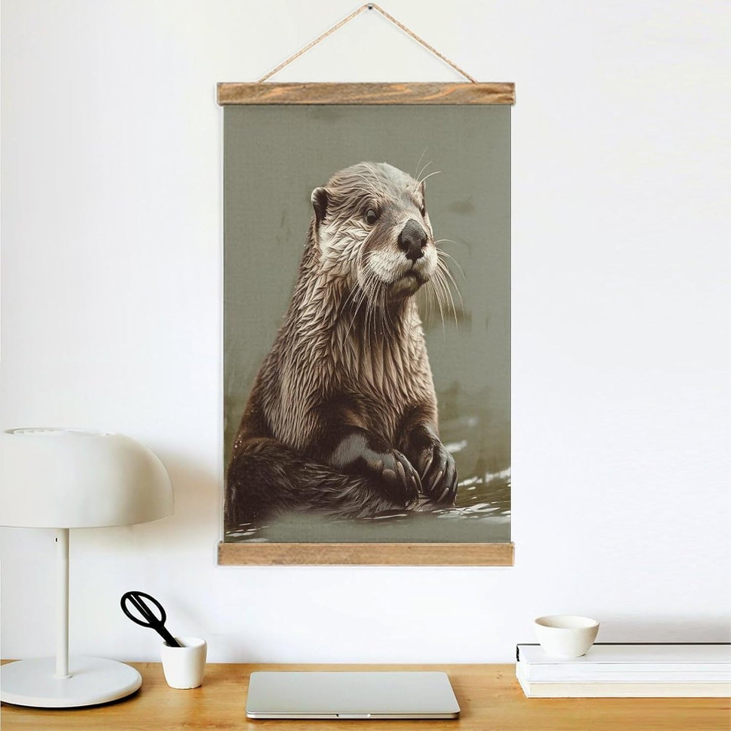 Vintage Otter Animal Poster with Wooden Frame Personalized Linen Hanging Scroll Painting Rustic Wall Hanging Illustrative Modern Artwork Decor for Home Living Room Bedroom Office
