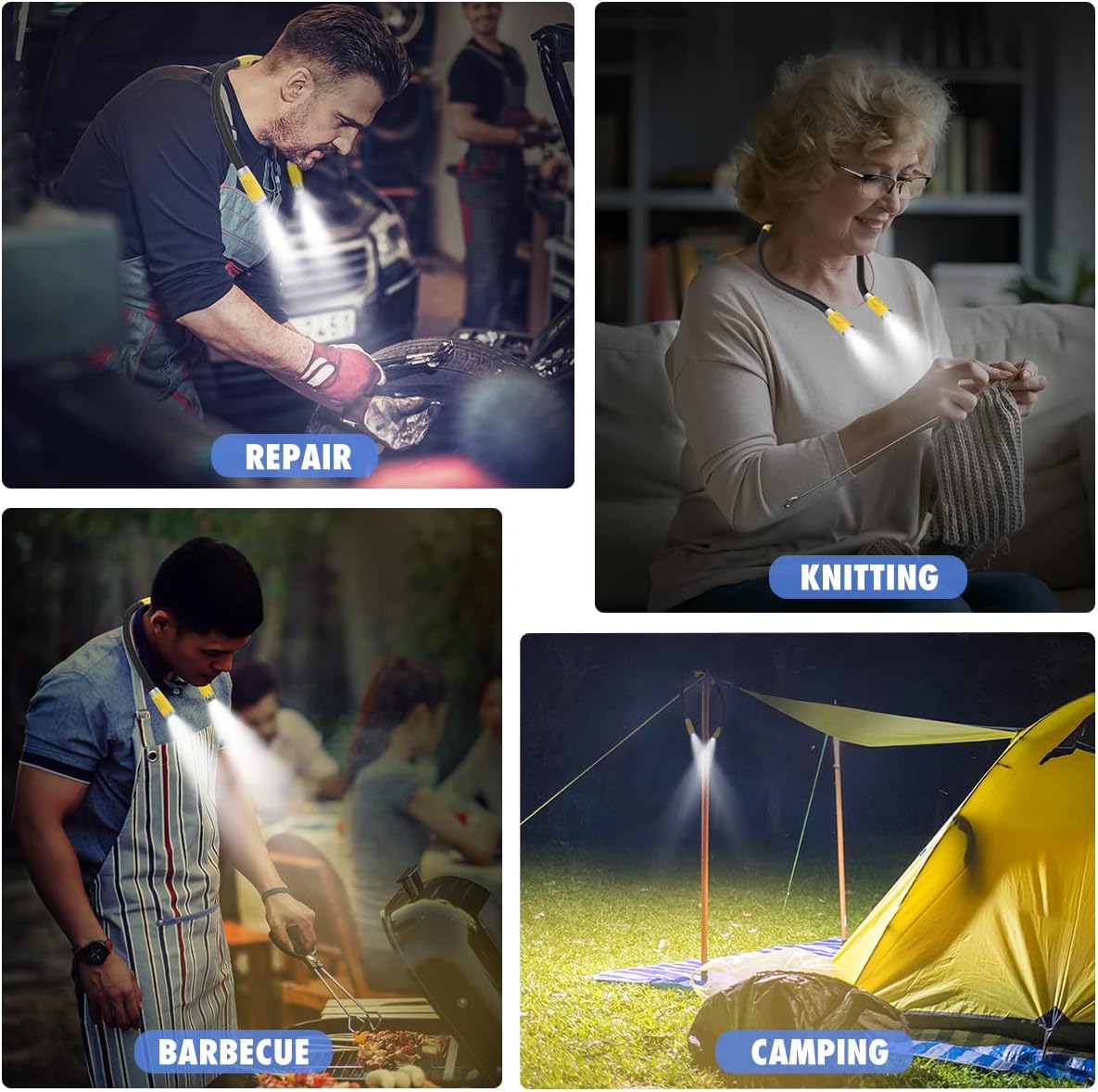 LEDGLE LED Neck Light for Reading Rechargeable Neck Flashlight for Knitting, 3 Adjustable Brightness, Flexible Soft Silicone Arms - for Reading Knitting Crocheting Camping Repairing (Yellow)