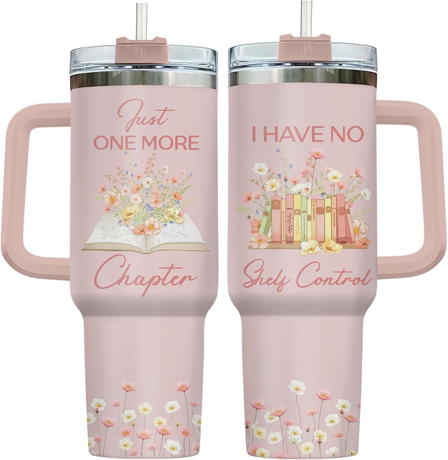 34HD Book Lover Gifts for Women 40 oz Tumbler with Handle - I Have No Shelf Control Funny Pun - Just One More Chapter Floral Travel Mug - Birthday Gift for Her