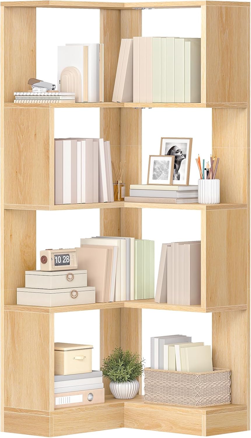 HOOBRO 5-Tier Corner Bookshelf, L-Shaped Corner Bookshelf, 55.3'' Tall Wooden Bookcase with Baffle, Freestanding Display Rack, for Living Room, Home Office, Natural NL50SJ01