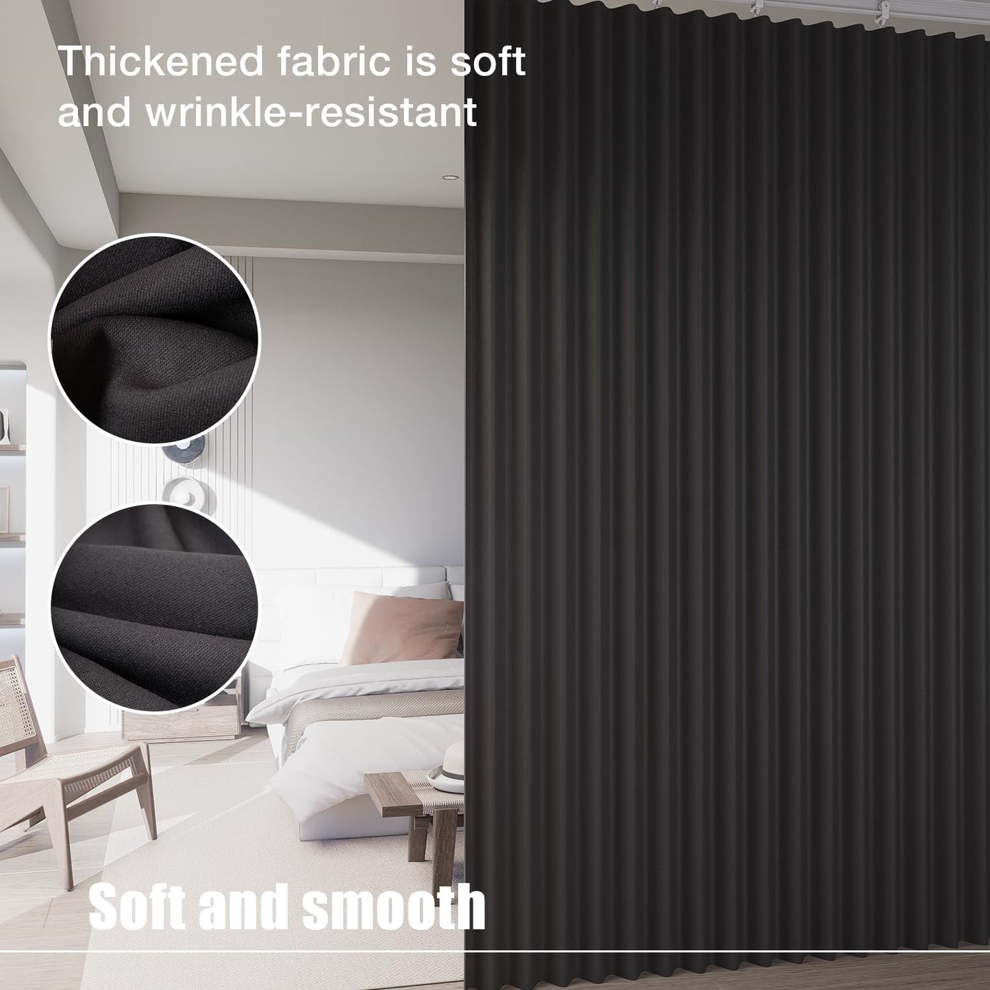 Room Divider Curtains, Blackout Curtains with Bendable Ceiling Curtain Track, Partition Room Dividers Extra Wide Thermal Insulated Soundproof Curtains Floor to Ceiling Curtains (Black, 100W X 84L)