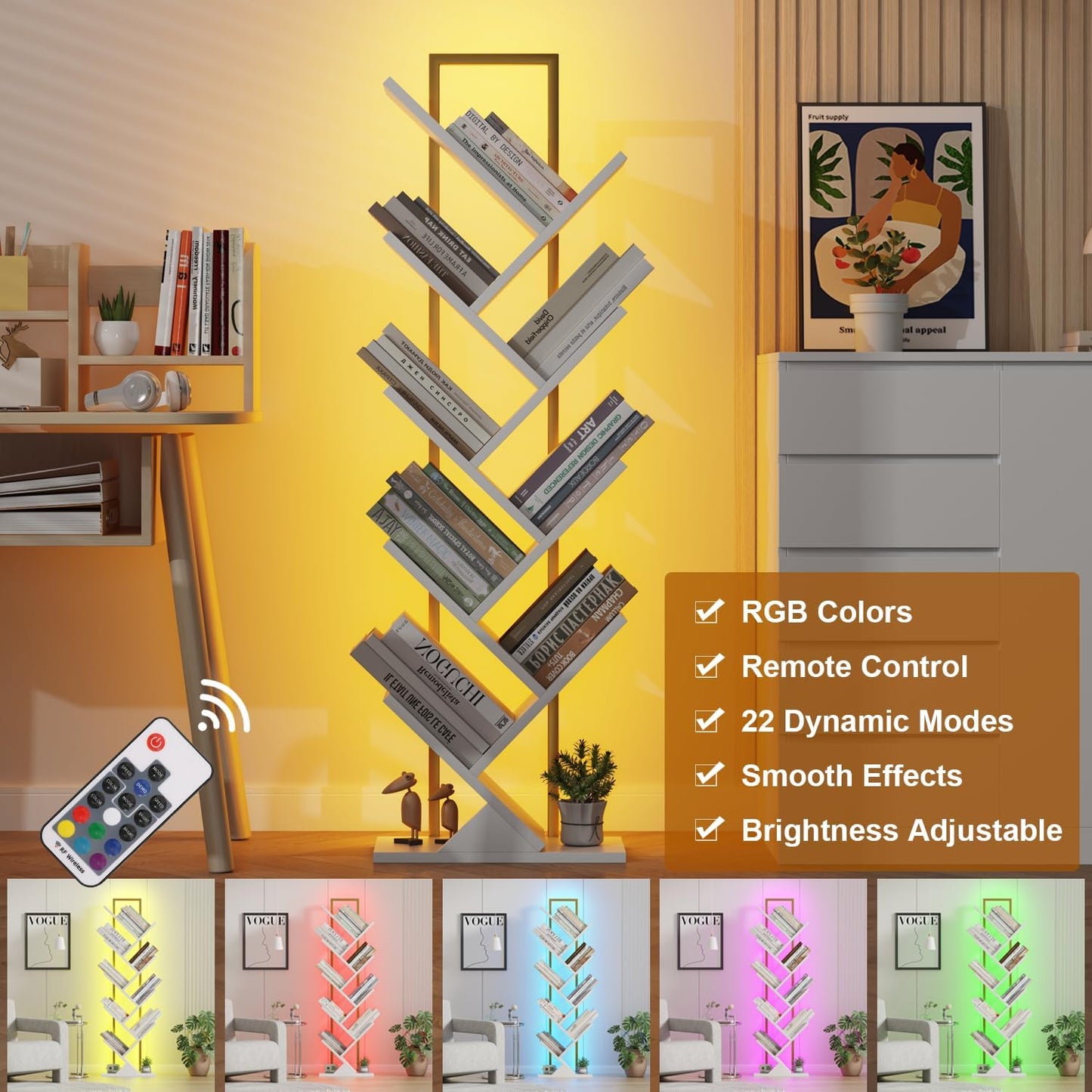 Tree Book Shelf with LED Lights, 9 Tier Floor Standing Bookcase, Classical Corner Shelf Kids Bookshelf, Tall Wood Book Storage for Bedroom, Living Room, Home Office, White