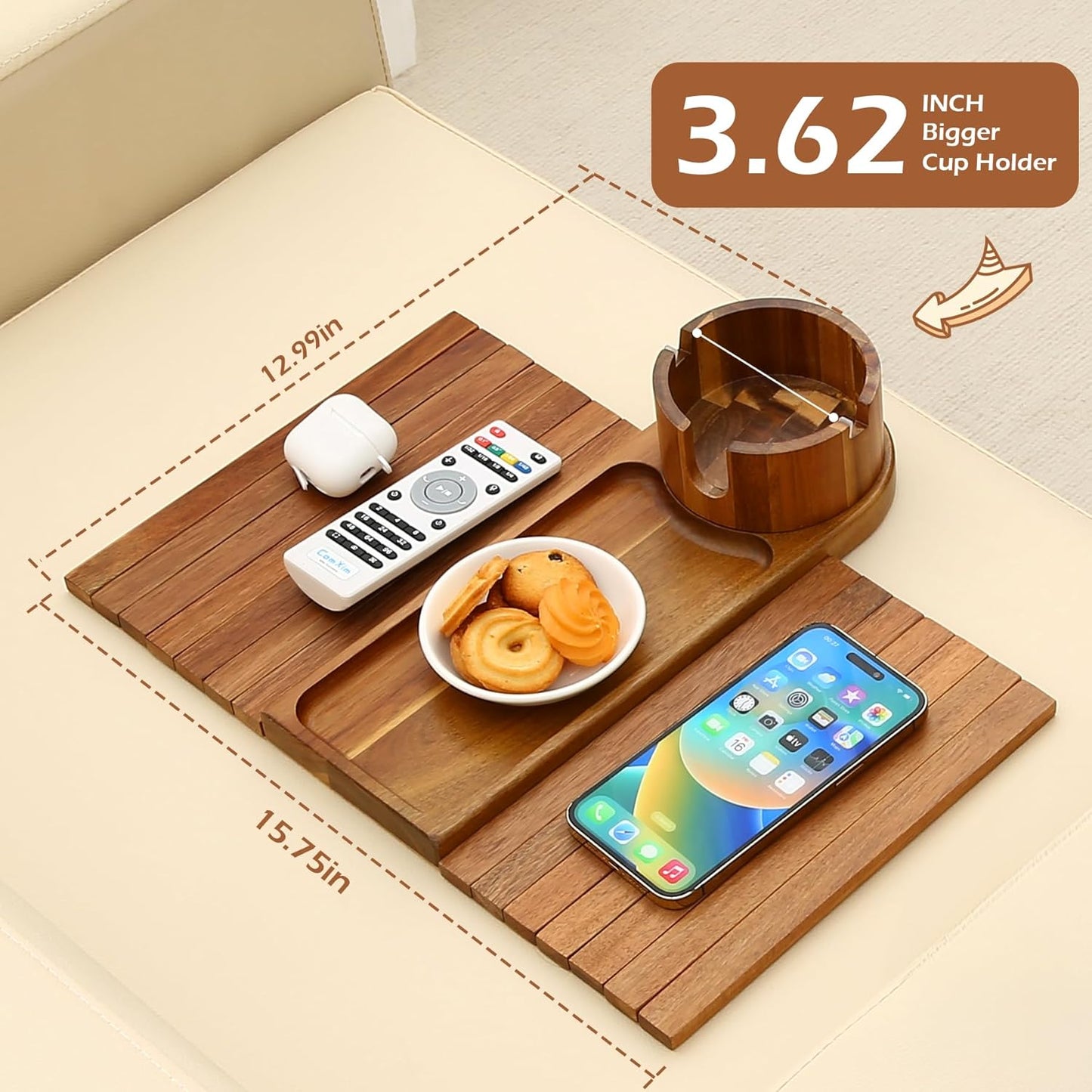 Couch Cup Holder Tray, 15.75" Acacia Wood Couch Armrest Table, 3 in 1 Foldable Sofa Clip on Side Table with 360° Phone Stand, Armrest Tray for Coffee Snacks