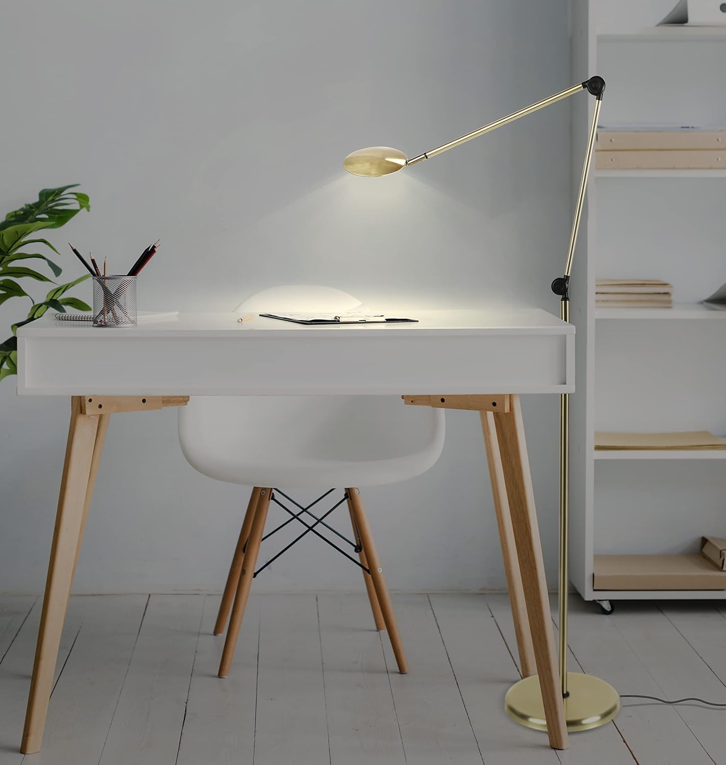 Brightech Sage 2-in-1 LED Craft Table and Floor Lamp – Adjustable Floor Reading Lamp Over Chair, for Living Room and Office – Dimmable Task Light with 3 Color Modes – 360 Degree Rotatable Head - Gold