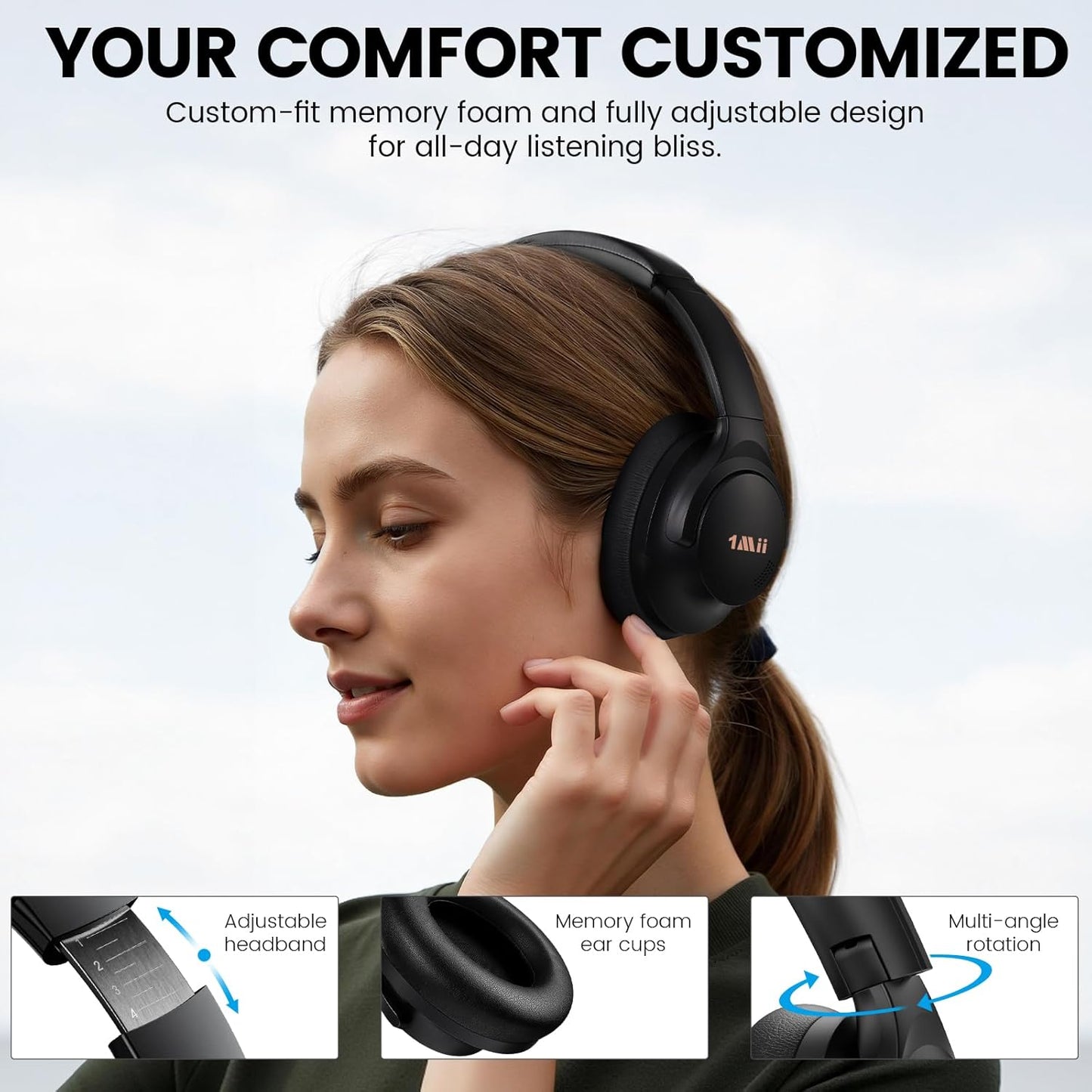 1Mii Y8+ Hybrid Active Noise Cancelling Headphones, 100H Ultra Playtime, Bluetooth 6.0 Over Ear, Wireless Hi-Res Audio & Deep Bass, Comfort for Travel & Home Office, AI Chat & Custom EQ via APP, Black