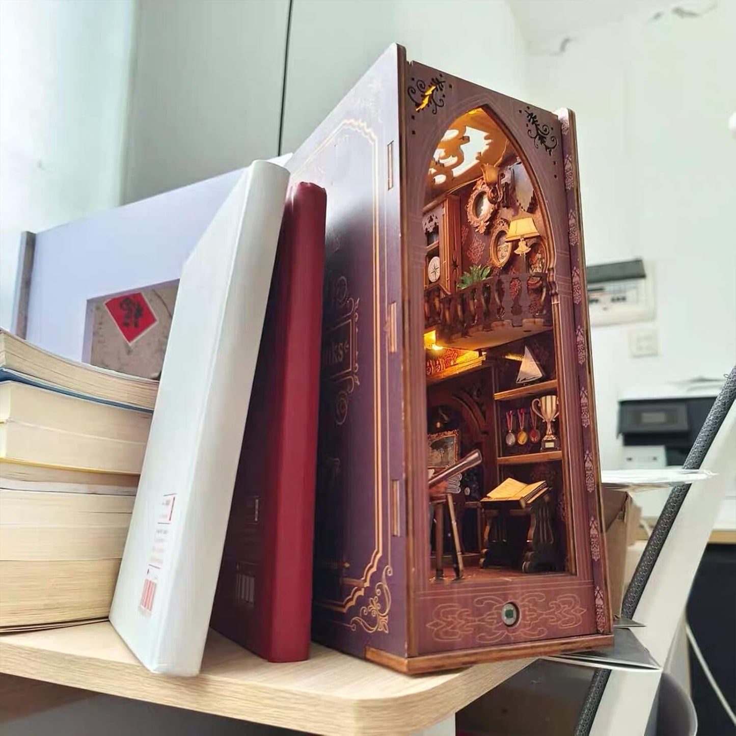 3D Wooden Magic Library Book Nook Kit - Enchanting Bookshelf Insert with Touch LED | DIY Bookend Decor | Ideal for Adults & Teens (Library)